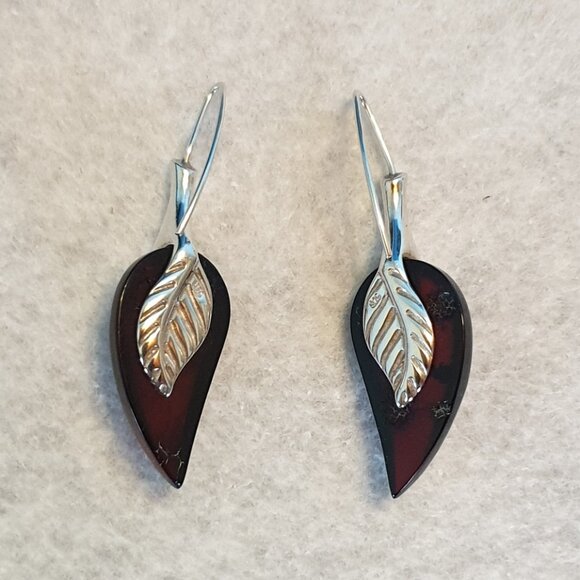 2’’ Elegant Vintage 1980s Cherry Baltic Amber & Sterling Silver Leaf Earrings - Picture 6 of 12